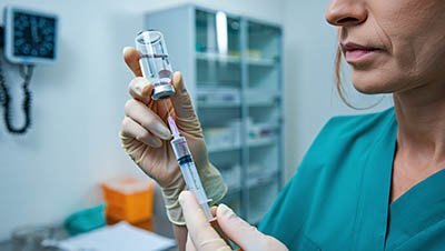 Молодая медсестра набирает в шприц медикамент из ампулы